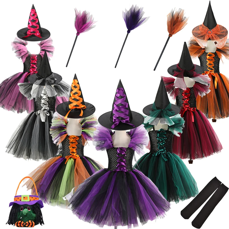 

Girls Cosplay Halloween Purple Pink Witch Costume Children Carnival Vestidos Party Infant Witch Fancy Dress With Hat Bag Clothes