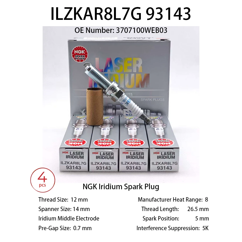 

Оригинальная Свеча зажигания Great Wall 3707100WEB03 ILZKAR8L7G 93143 подходит для Haval H1 H2 H3 H4 H5 H6 H7 H8 H9 и т. Д., 4 шт.