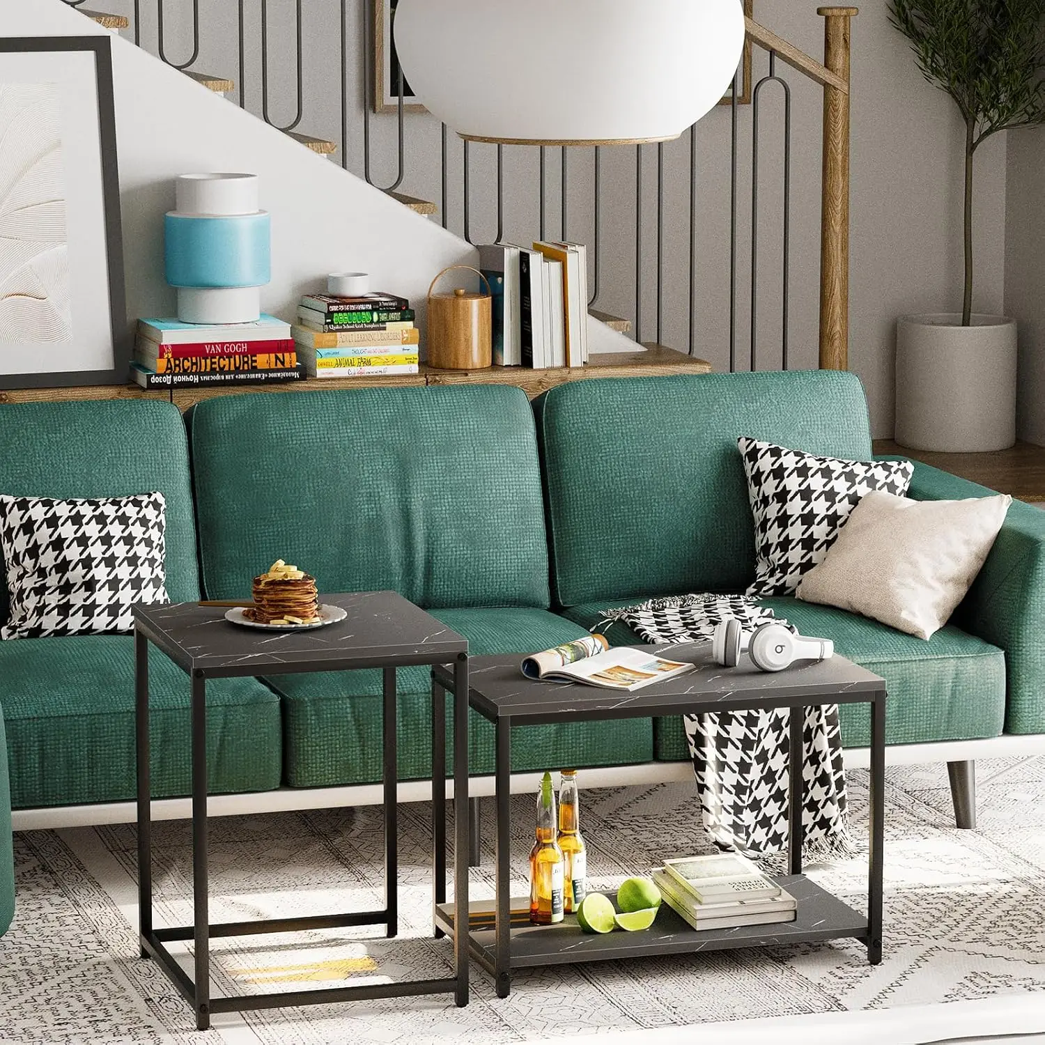 Coffee Table , Modern Design for Living Room & Bedroom, Faux Marble Center Table with Storage, Set of 2 Nesting Side Tables