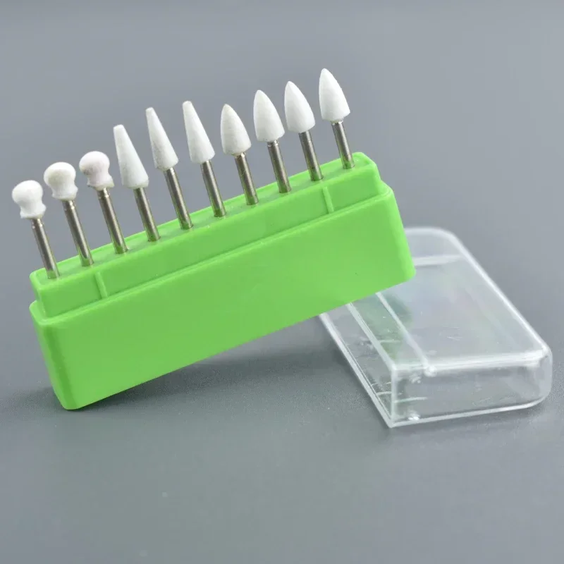 10Pcs/Box Dental FG White Stone Polishing Burs Flame Cone Round Shape Polisher Burs for Metal Resin Porcelain Polishing Tool