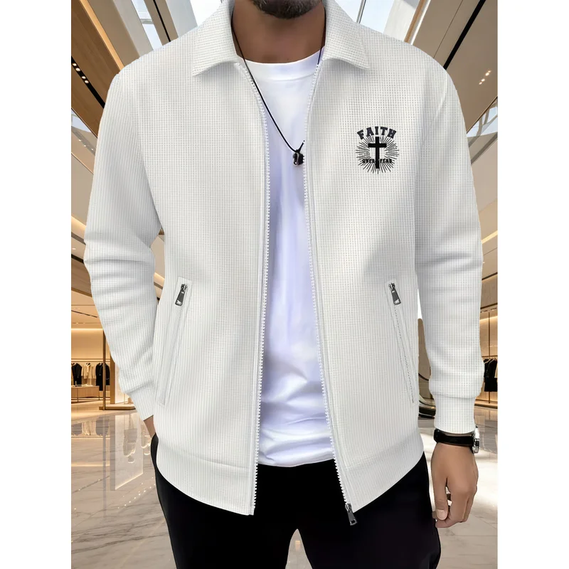 Men's Waffle Knit Collar Printed Jacket，New Spring and Autumn High-End Casual Zipper Jacket