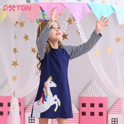 DXTON Autumn Children Clothing Long Sleeve Girls Dresses Striped Embroidery Kids Costumes Cotton Fall Kids Straight Dress 2-8Y