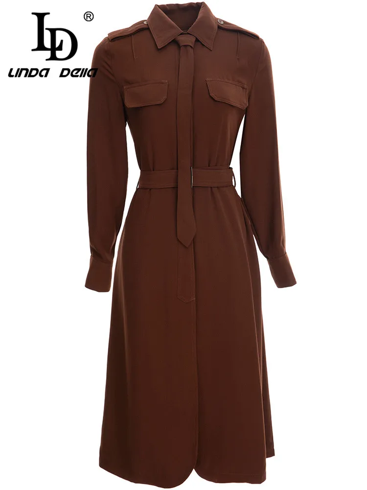 

LD LINDA DELLA Fashion Designer Autumn Winter Dress Women's Turn-down Collar Single-breasted Belted Casual Solid Midi Dresses