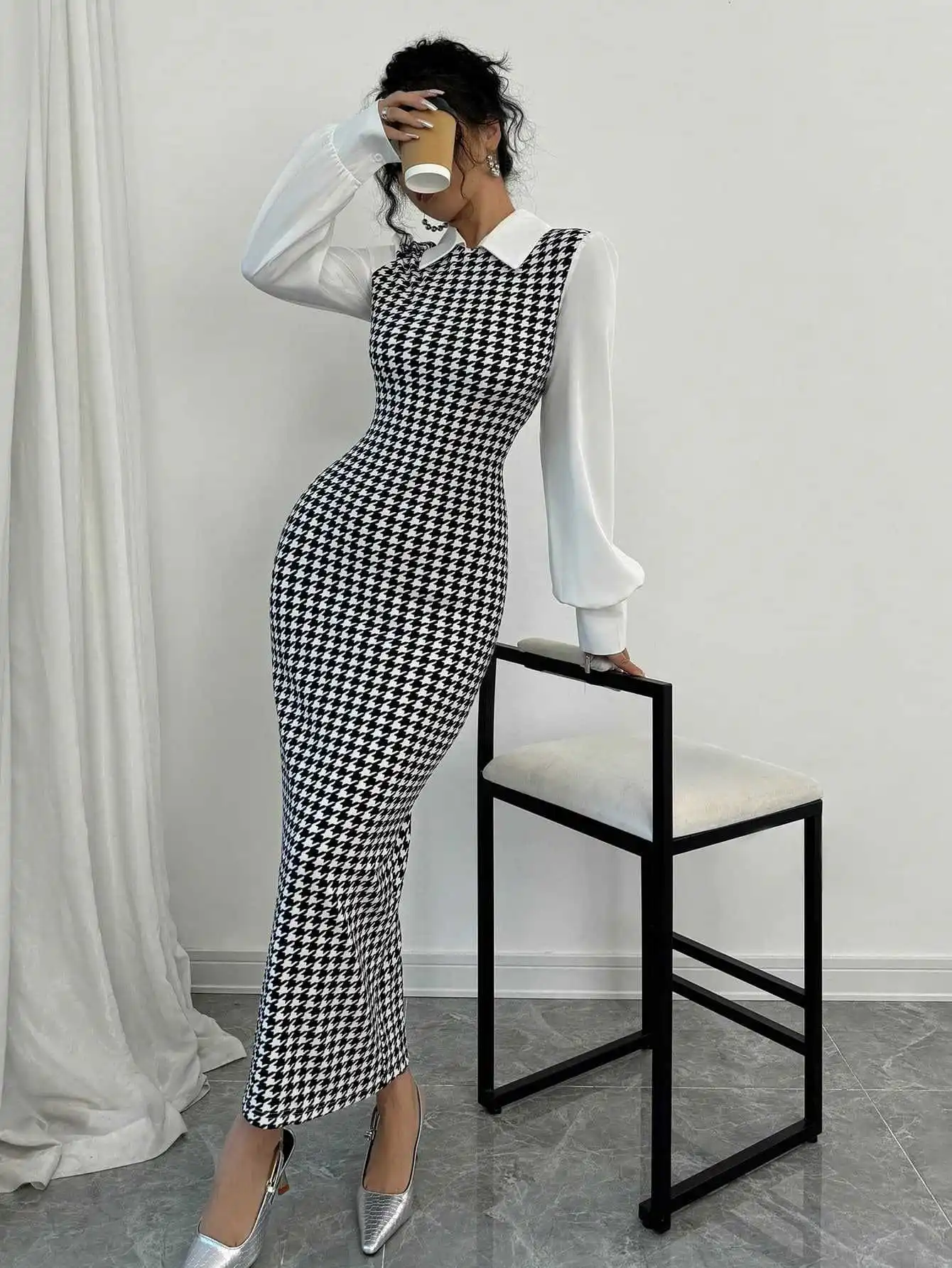 Women's Houndstooth Bodycon Midi Dress Elegant Puff Sleeve Slim Fit Dress for Office/Party - Image 4