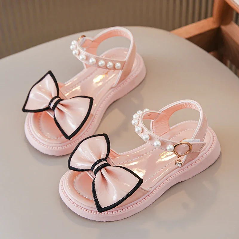 *Hot Selling Elegant Round Toe Soft Princess Pearl Open Toe Flat Sandals Summer Fashion/Comfortable Bow Children's Casual Shoes