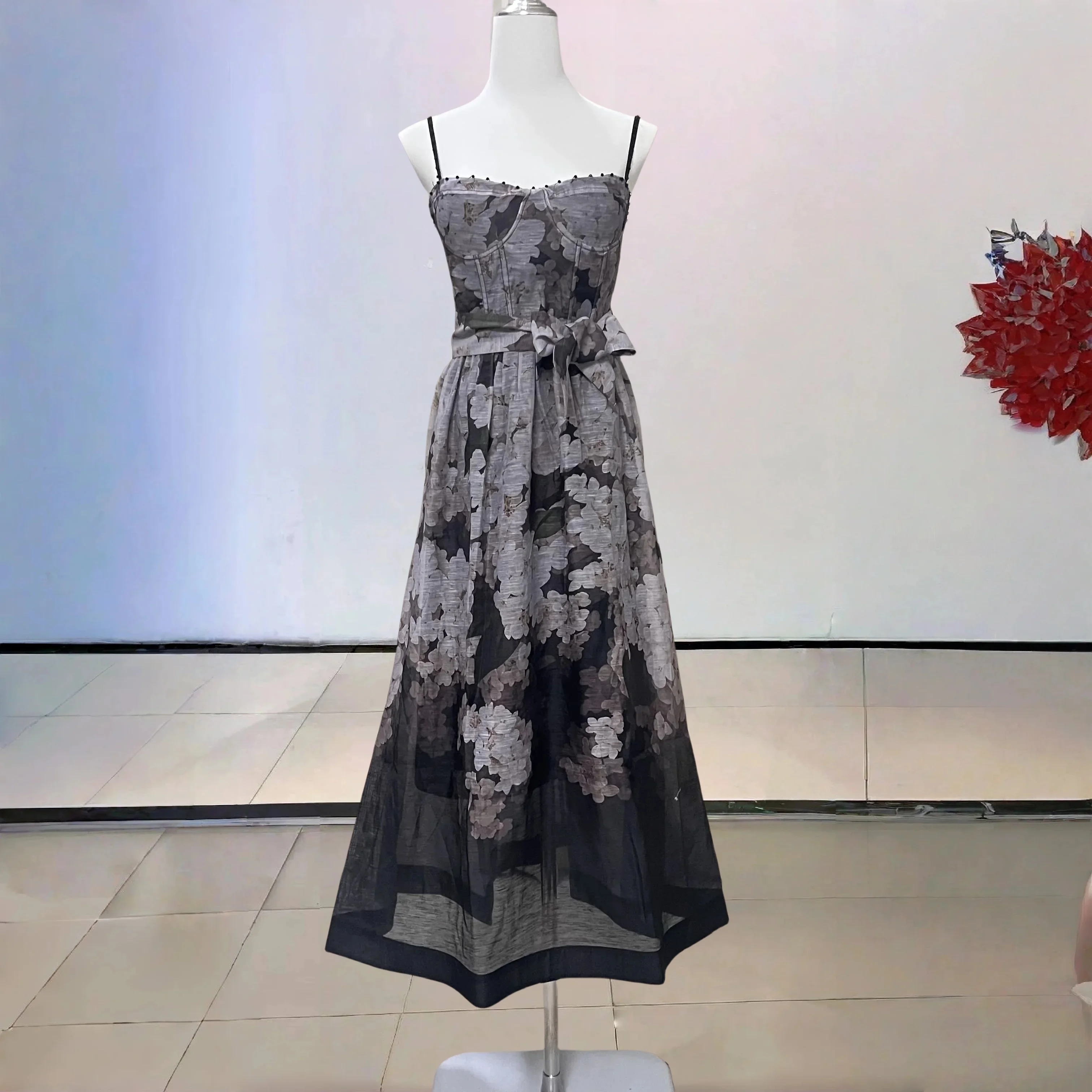 

Women's Floral Embroidered Linen Mid Length Sling Dress Ruffle Trimmed Hem Short Straps Summer Beach Party Chic Look for Women