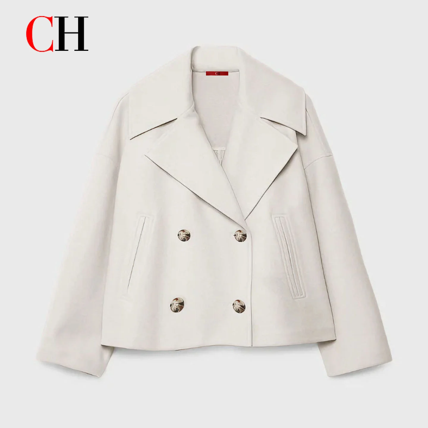 CH Cropped Wool Blend Coat Notched Lapel Double Breasted Outerwear Relaxed Fit Casual Overcoat Daily Wear Fashion Outer Garment