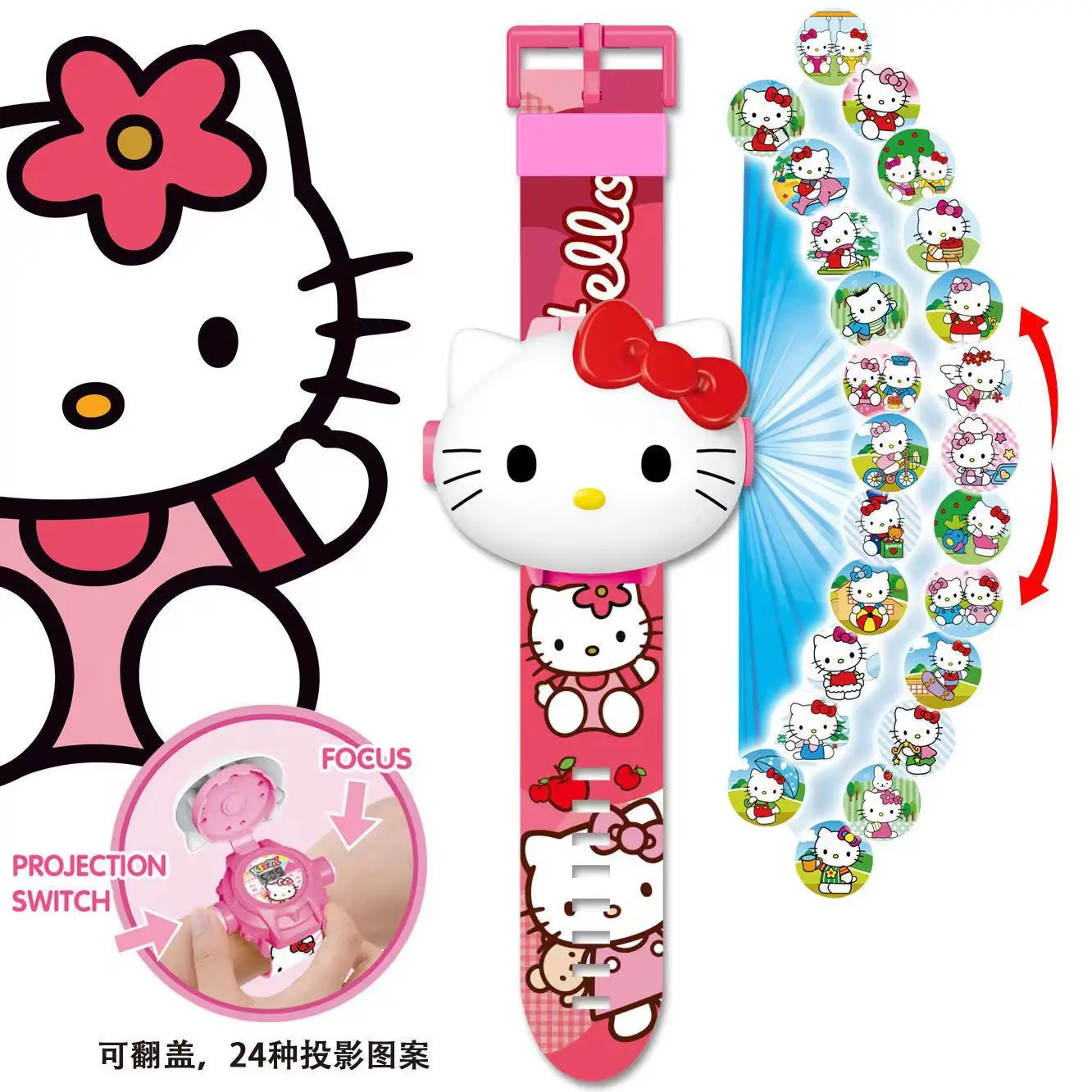 Kawaii Sanrio Hello Kitty Toys Set 3D Projection Digital Watch Cinnamoroll Kuromi Melody Anime Action Figures Model Toy Kid Gift