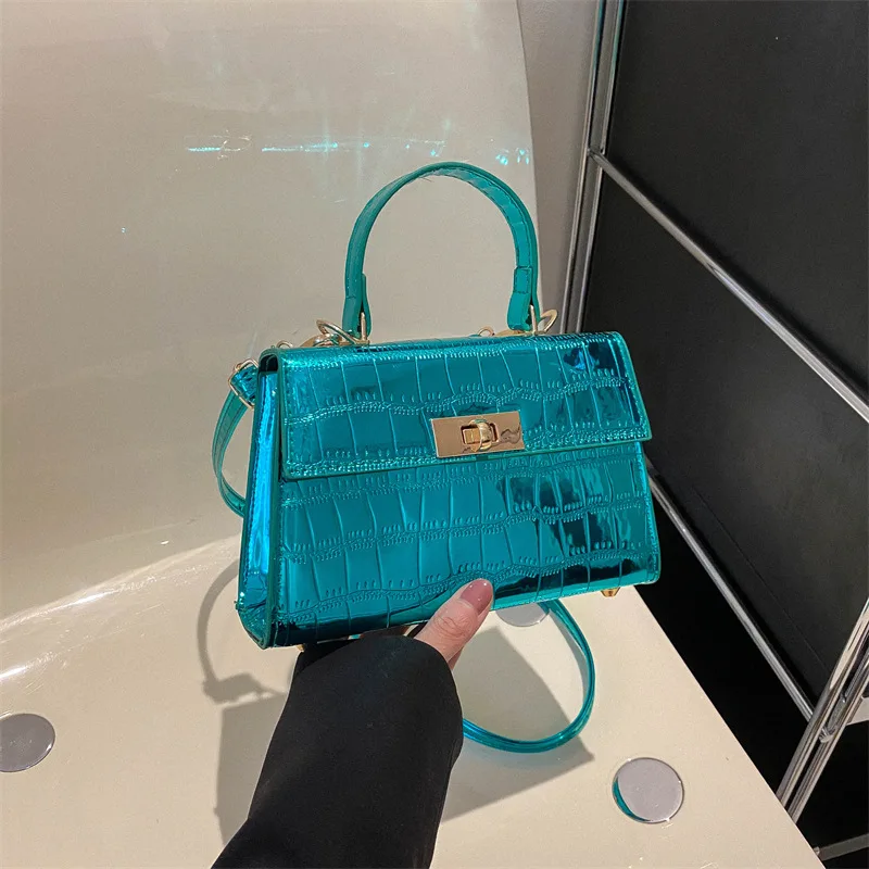 2023 Summer New Korean Fashion Bright Face Crocodile Pattern Portable Small Square Handbag Women\'s One Shoulder Crossbody Bag