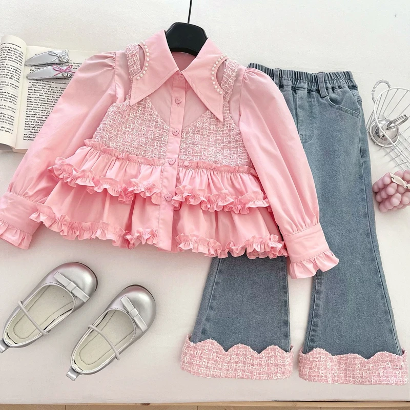 

Girls' Suit Autumn New Style Girls' Long Sleeved Small Fragrant Style Fake Two-piece Top+denim Pants Two-piece Set