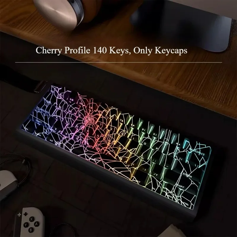 140 Keys Cherry Profile Keycaps Spider Web Side‑Printed Translucent PBT Keycap Set RGB Backlit Custom Kit for Mechanical Gaming