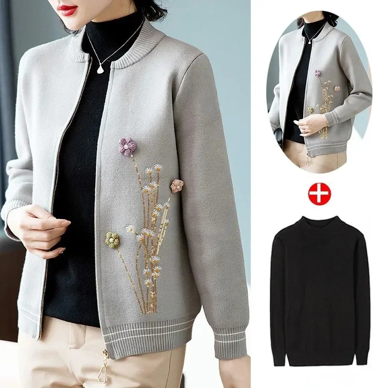 

Korean Ladies Fashion Long Sleeves Knitted Jacket Autumn Female Embroidery Sweater Coat 2025 Women Round Neck Knitting Cardigan