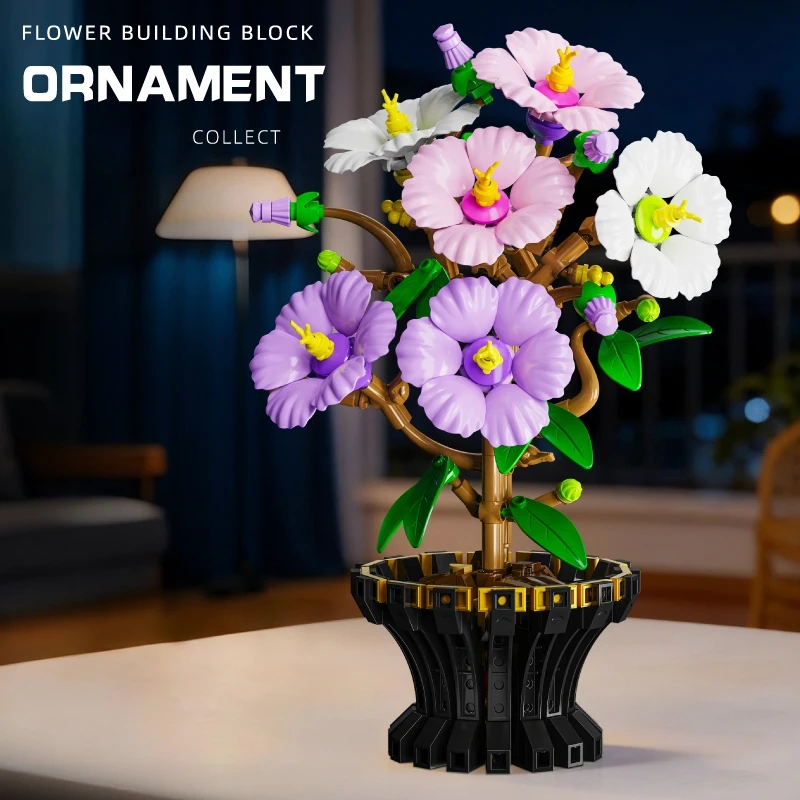 

Floral series building block model decoration, hibiscus flower building block assembly set, suitable for collection and gifting.