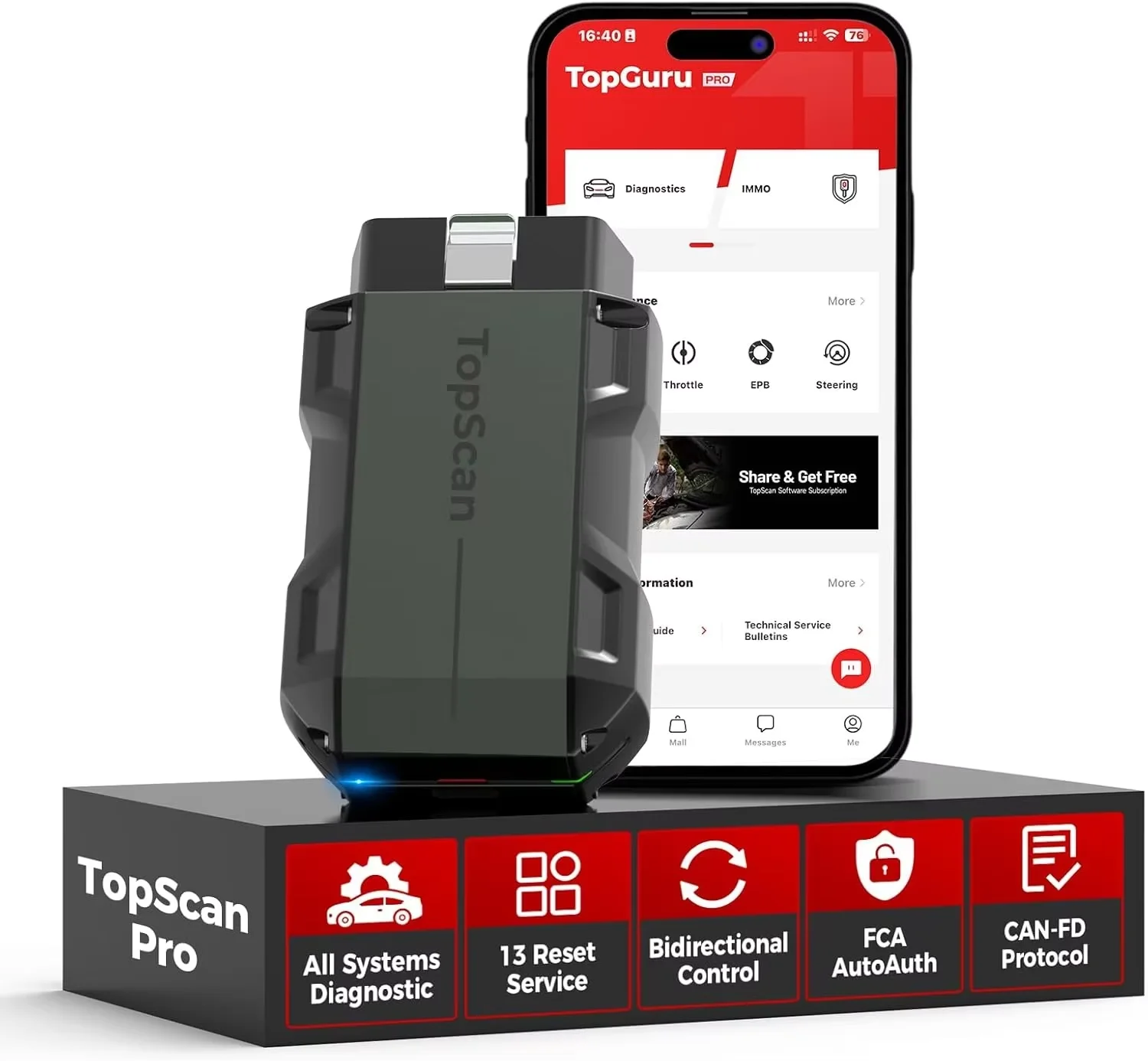TOPDON TopScan Pro Bluetooth OBD2 Scanner Full System Diagnostic Tool with 13 Reset Services and Bidirectional Control for iOS/Android