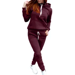 Autunno Inverno Pullover Felpe Pantaloni Set Tinta unita Set da 2 pezzi Tute Oversize Casual Abiti caldi Felpe con cappuccio Pantaloni sportivi