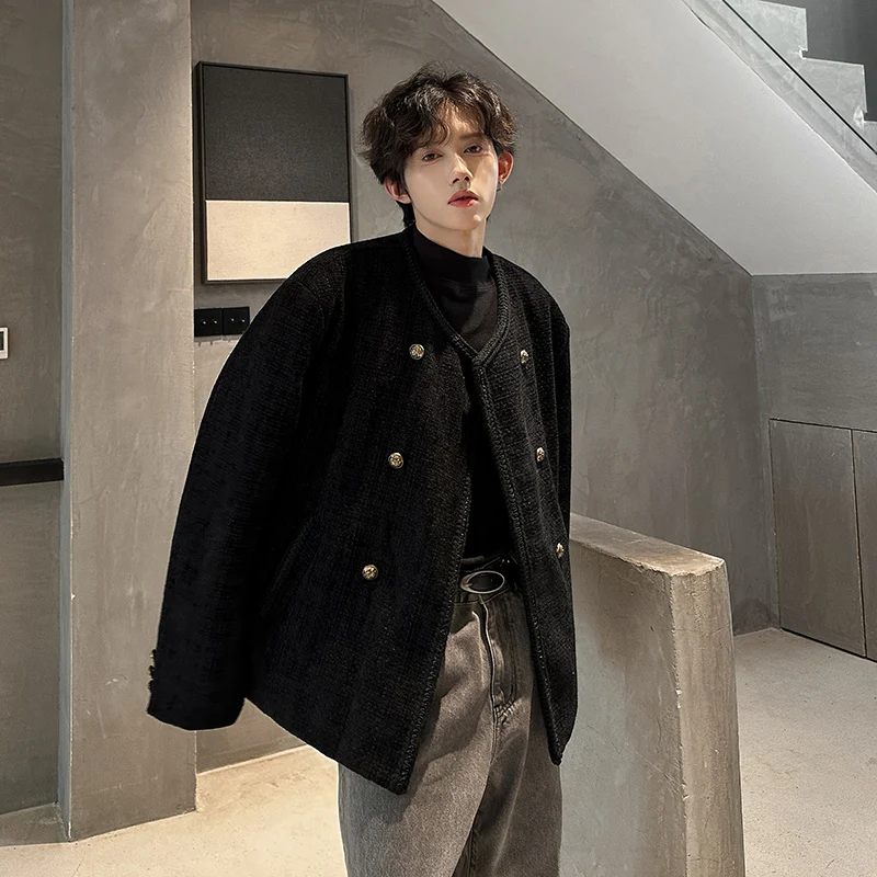 

Autumn Winter Men's ort Woolen Jaet Double Breasted Notched Collar Classic Sle Korean Faion Youth Stand Fit