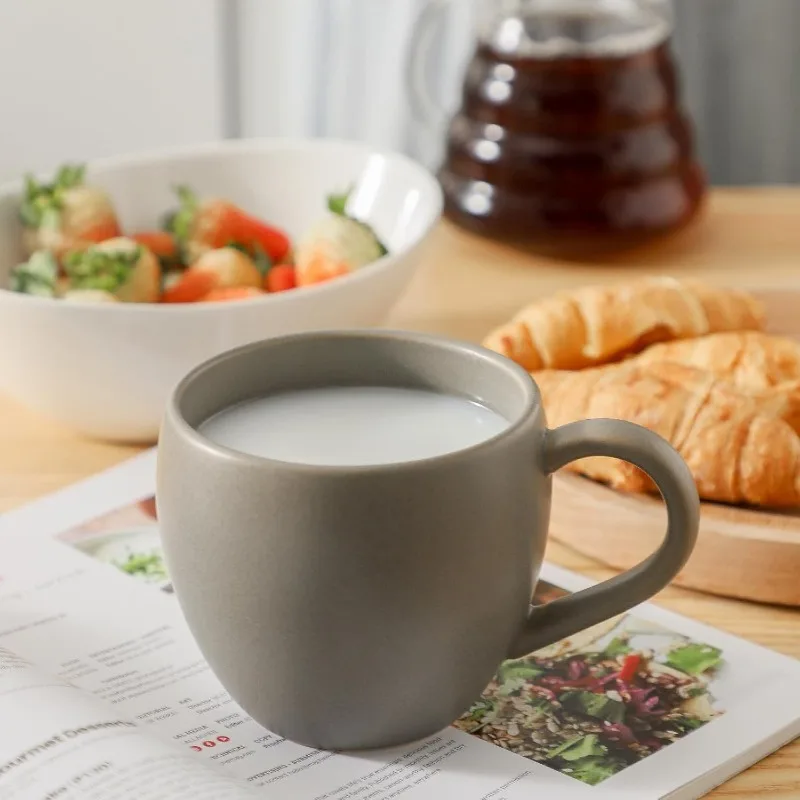 Juego de tazas de café de cerámica, tazas de café grandes de 16 oz, juego de 6 tazas con mango grande para capuchino, cacao, cereales, lindas tazas de café Latte, gris