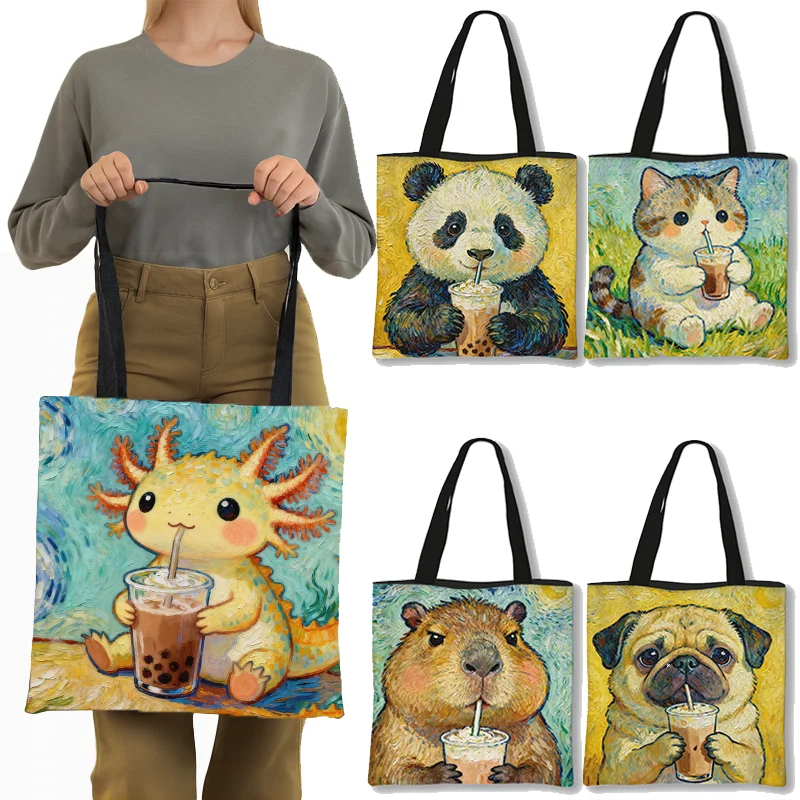 النفط اللوحة الحيوانات شرب الحليب الشاي حقيبة كتف القط الكلب الباندا الكسل حقائب سعة كبيرة حقائب اليد أكياس البقالة للمتسوقين #1