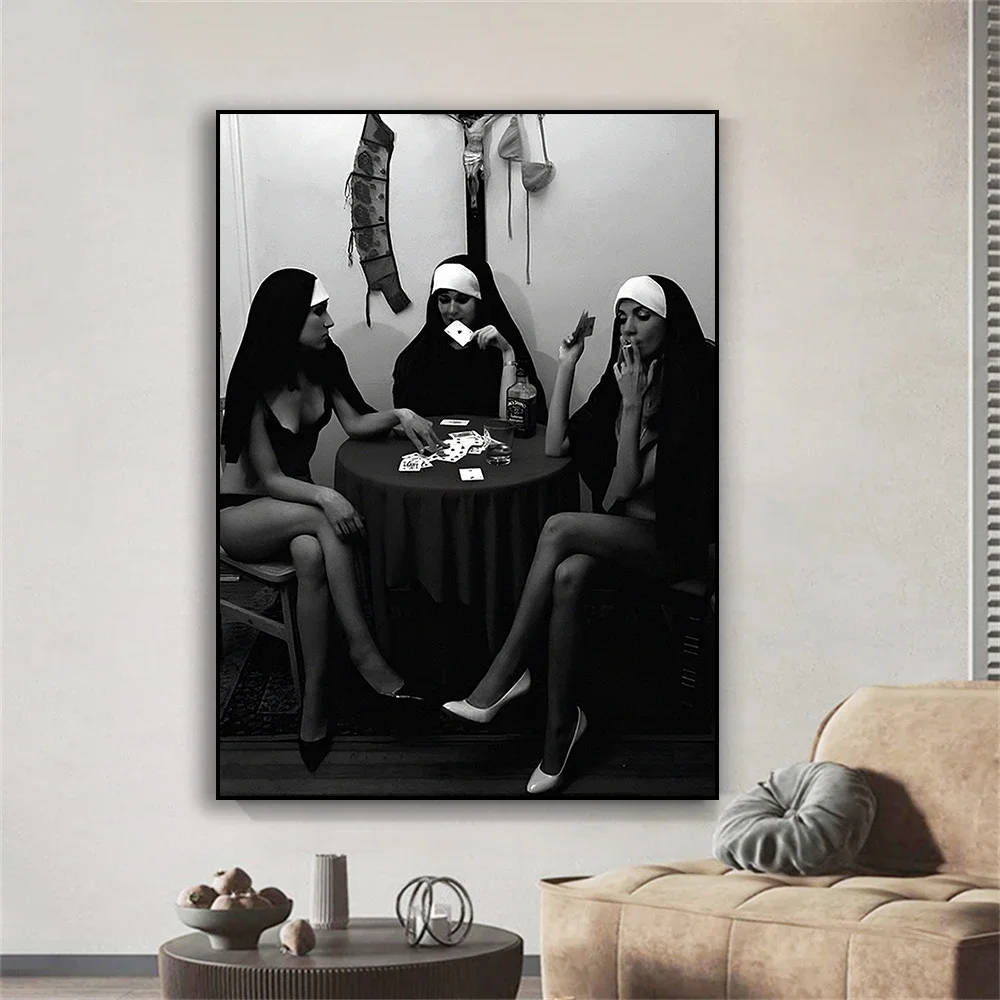 لوحة قماشية للنساء ، راهبات تدخين ، طباعة صور ، صورة امرأة ، ملصق فن سجائر ، أسود وأبيض ، بار عتيق ، ديكور غرفة النوم