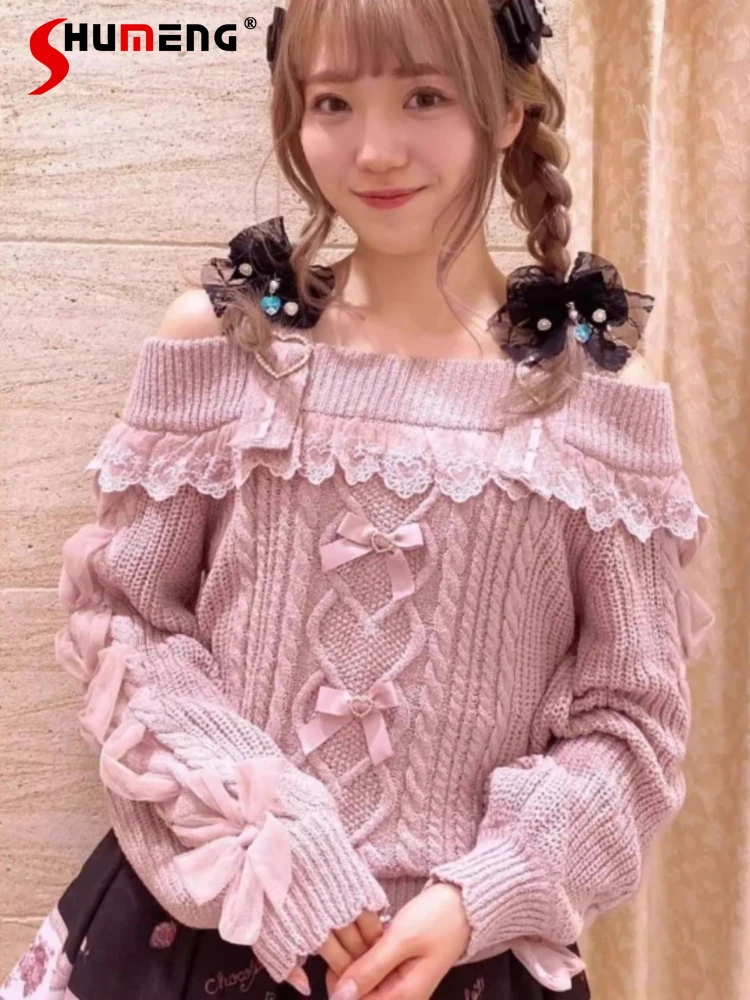 

Японский милый элегантный сексуальный свитер с открытыми плечами и длинными рукавами для девочек, кружевной лоскутный бант, универсальный вязаный пуловер в стиле Лолиты для женщин