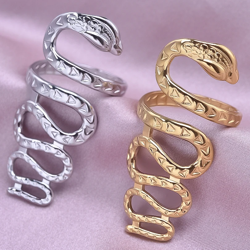 Long Winding Snake Ring Stainless Steel Rings For Women Men Accessories Real Gold Plated Animal Finger Jewelry Bague Femme Gift