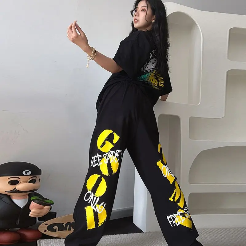 Spodnie damskie z wysokim stanem, luźne, w stylu hip-hop, do tańca i sportu, modne, codzienne, z szerokimi nogawkami, wygodne, elastyczne, czarne.