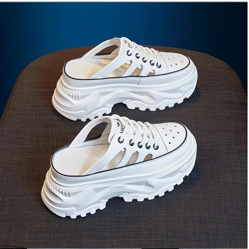 2024Genuine Leather Women Summer Shoes Platform Slippers Wedge Sandals Rhinestone Hollow Female Slip on White