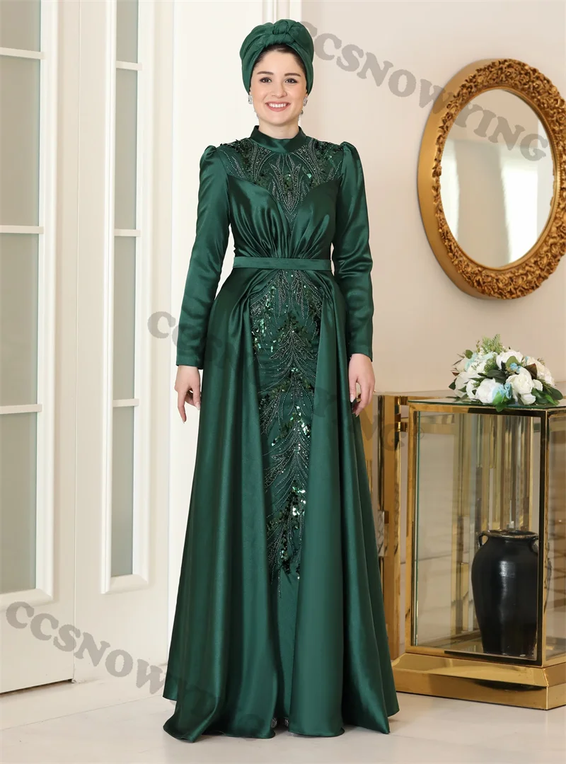 

Appliques Beaded Satin Muslim Hijab Evening Dresses Islamic Long Sleeve Women Formal Party Gown Arabic Dubai Moroccan Caftan