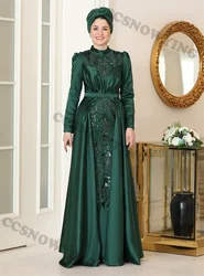 Appliques Beaded Satin Muslim Hijab Evening Dresses Islamic Long Sleeve Women Formal Party Gown Arabic Dubai Moroccan Caftan