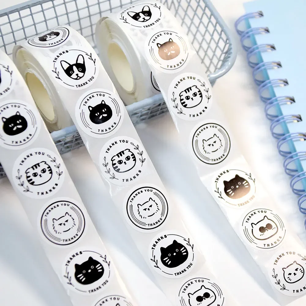 Cute Cat Dog Thank You Stickers Roll elf-Adhesive Thank You Decorative Stickers for Small Business Packaging Envelopes Gift Wrap