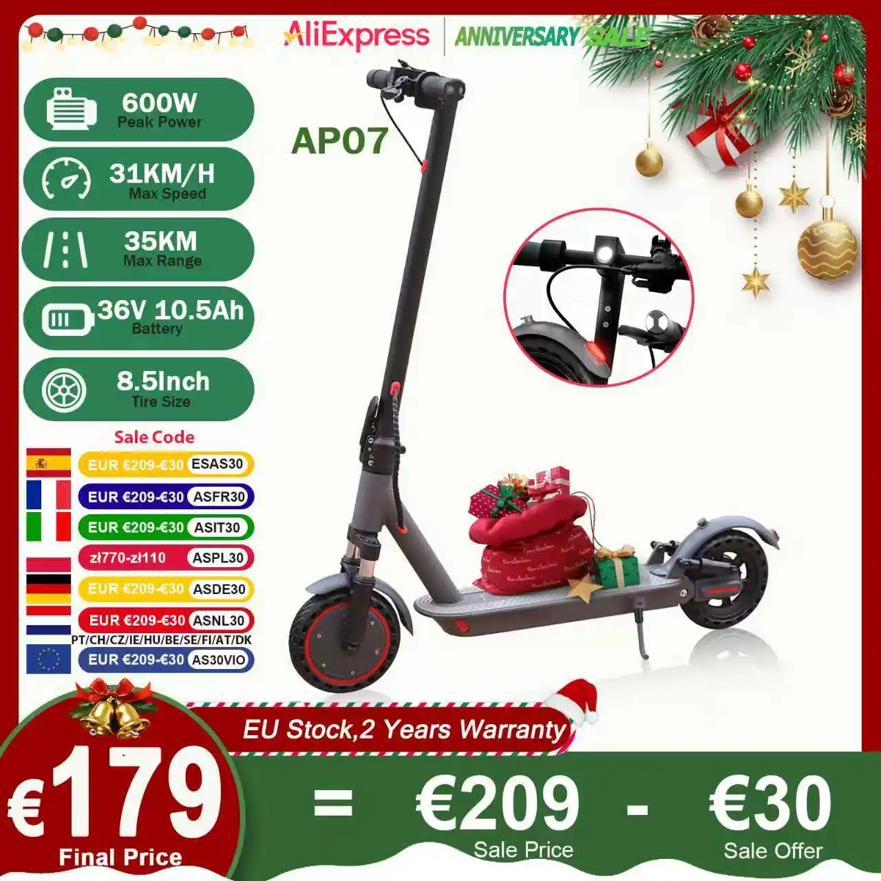 JUICEASE AP07 Scooter électrique 600W moteur puissant 36V 10.5AH 35KM longue portée avec clignotants double Absorption des chocs EScooter