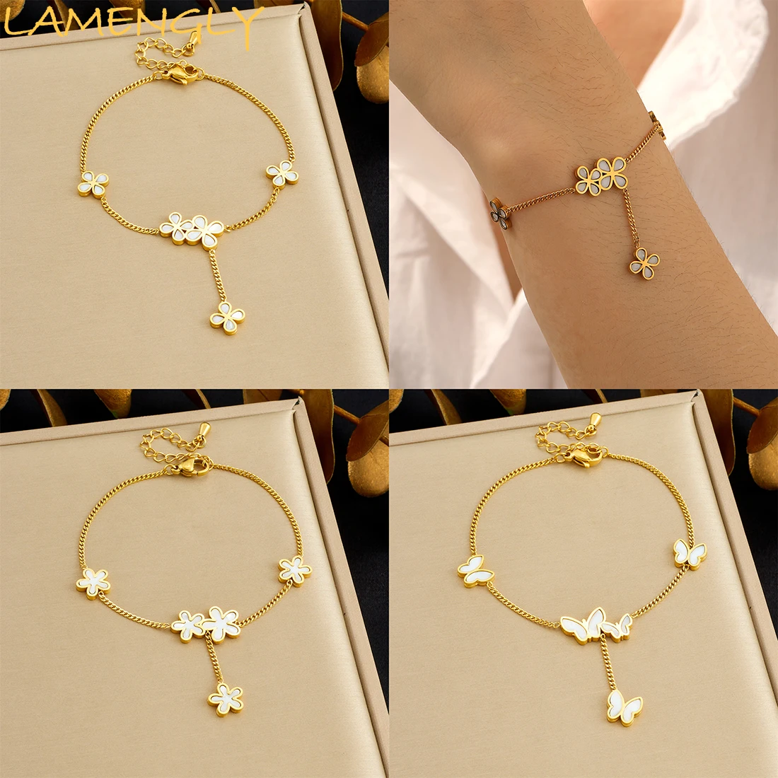 

LAMENGLY 316L Stainless Steel Romantic Flower Butterfly Charm Bracelet Women Noble Elegant Wrist Chain Party Jewelry Gift