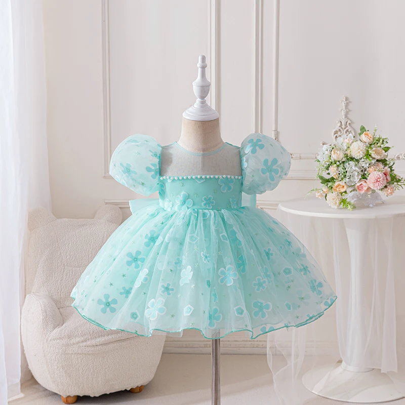 

Детское платье принцессы с объемными рукавами и цветочным принтом, детские летние пышные платья с круглым вырезом и короткими рукавами
