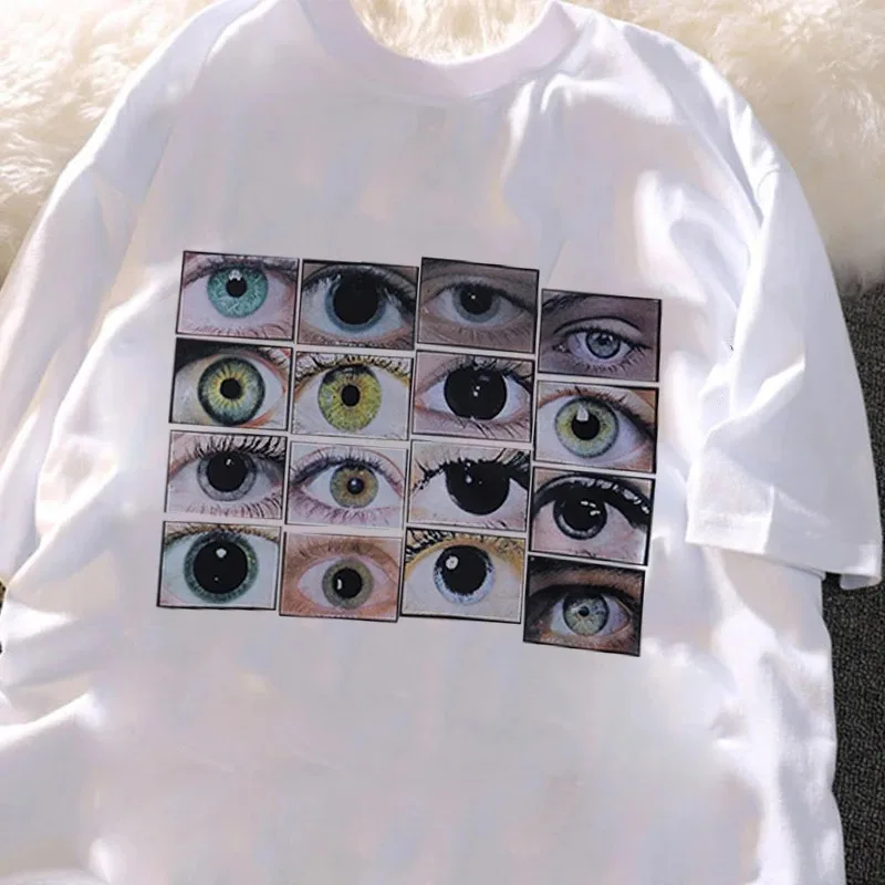 Women's T-Shirt Eyes Print Crop Top Y2K Aesthetic T-Shirt Vintage Short Sleeve Gothic Black O-Neck Harajuku Slim Tops Streetwear