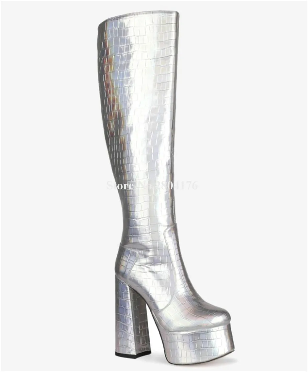 Shining Silver Stone Pattern Leather Chunky Heel Knee High Boots Round Toe High Platform Block Heel Long Boots Club Pumps