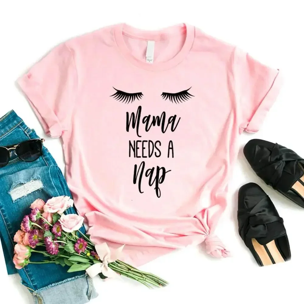 Mama 여성용 낮잠 속눈썹 프린트 티셔츠, 코튼 힙스터 재미있는 티셔츠 선물, 레이디 용 소녀 상의, 컬러 티셔츠