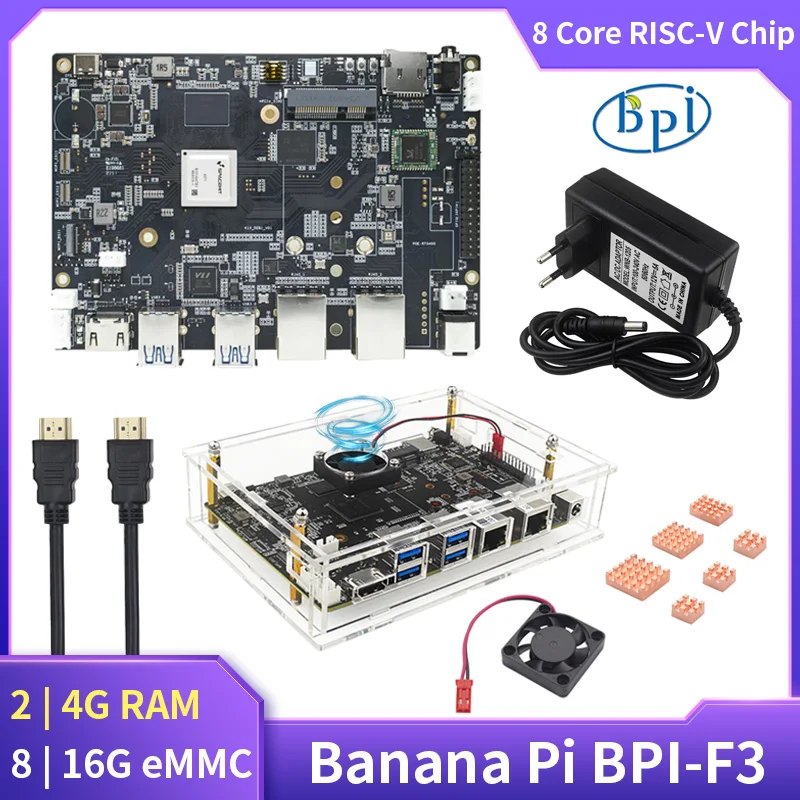 Banana Pi BPI-F3 4G RAM 16G eMMC SpacemiT K1 8 Core RISC-V Chip 2.0TOPs AI Computing 4K Gigabit 5-Lane PCIE2.1 Development Board