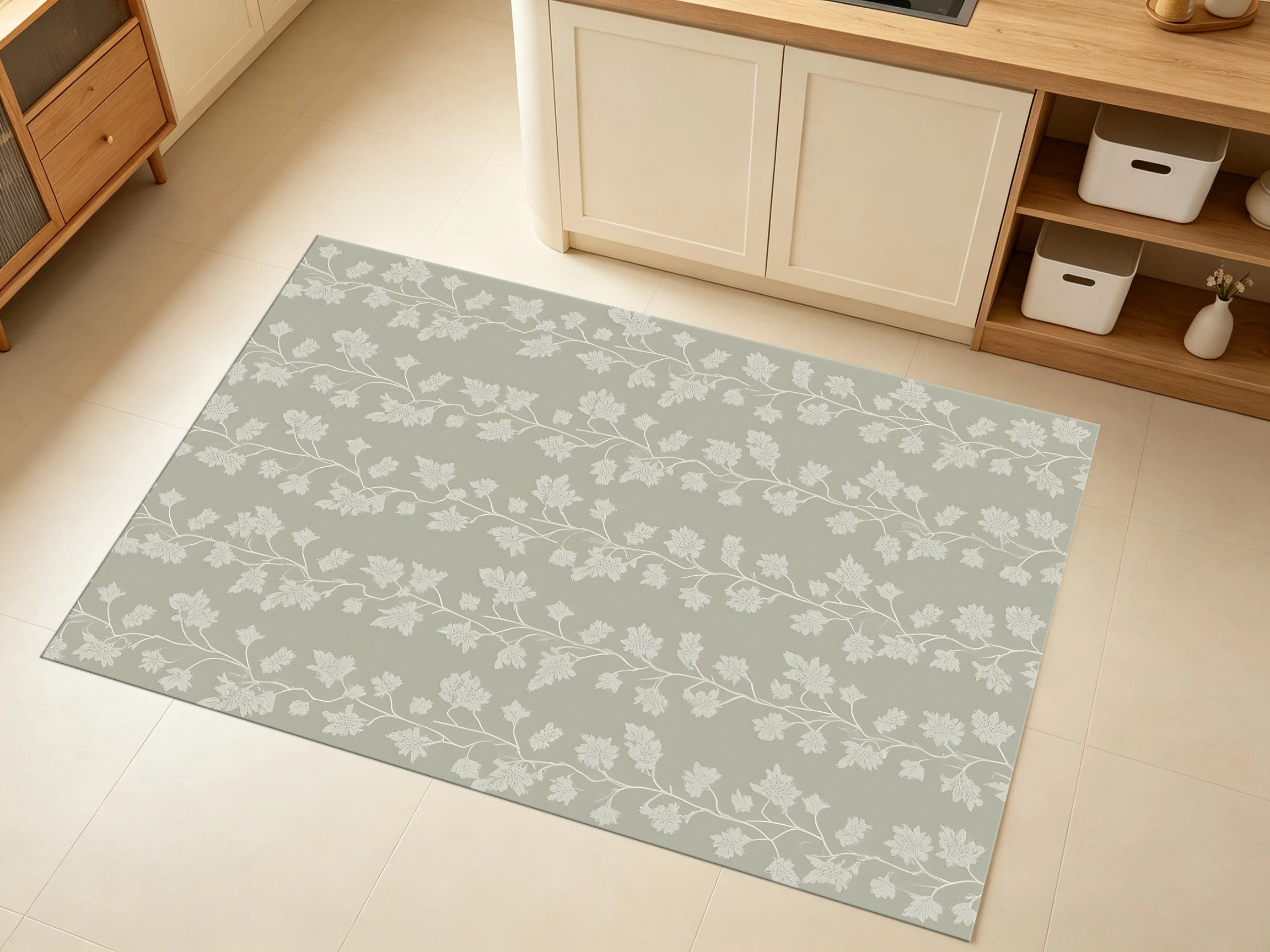 2D Large Rug in Light Bean Green & Off-White Vine Design, French Style, Fresh & Soft on the Skin, for Living Room &