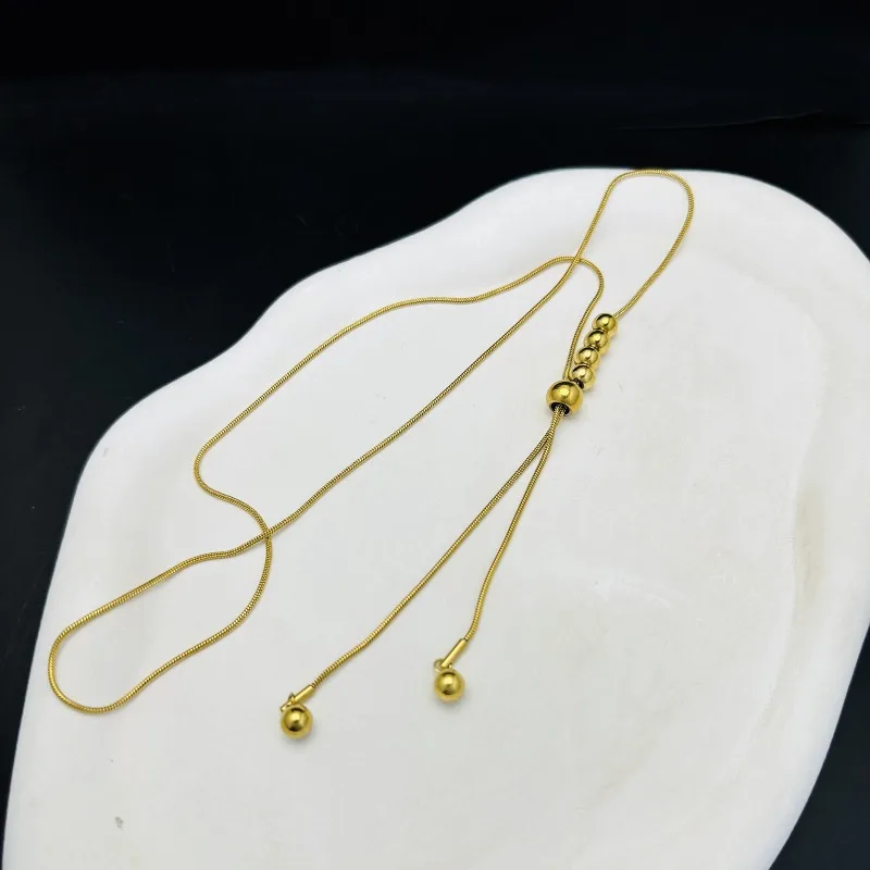 New Trendy Gold Color Stainless Steel Pull-out Adjustment Round Bead Snake Chain Necklace for Woman Korean Sweater Chain Jewelry
