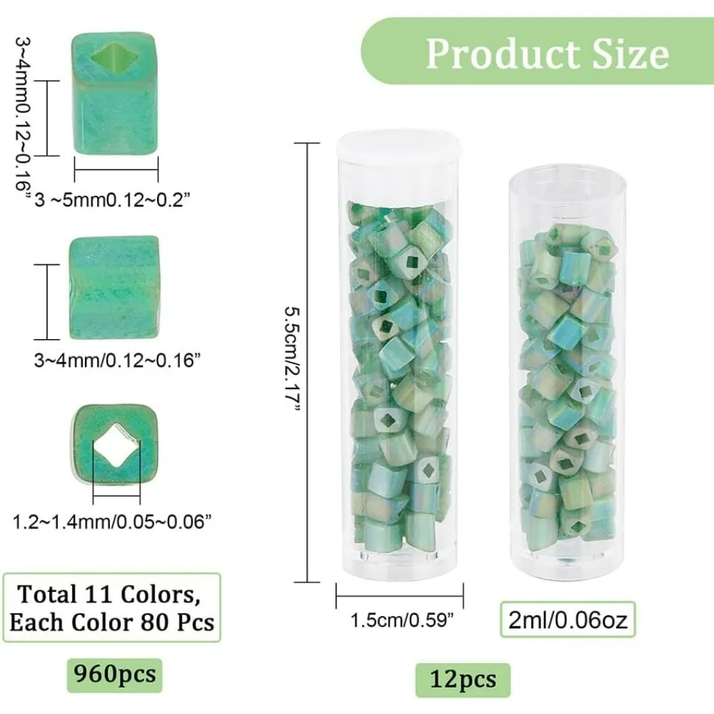 960 Pcs 12 Colors Seed Beads Cube Bead Square Glass AB Color Frosted Spacer Cube Mini Beads Japanese Glass