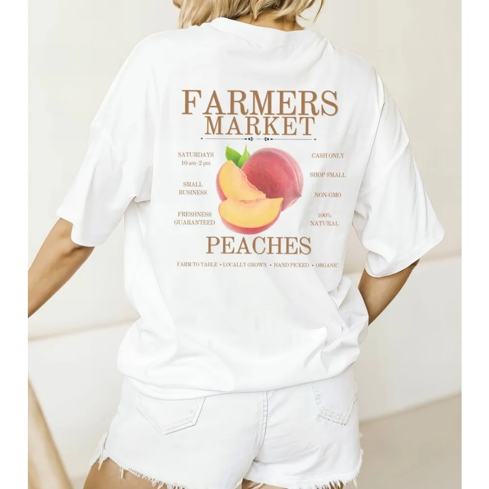 Peach T-Shirt Farmers Market Peaches Fruit Double Sided Shirt Summer Tee Cottagecore Vintage Fruit Shirt Graphic T Shirt Tops