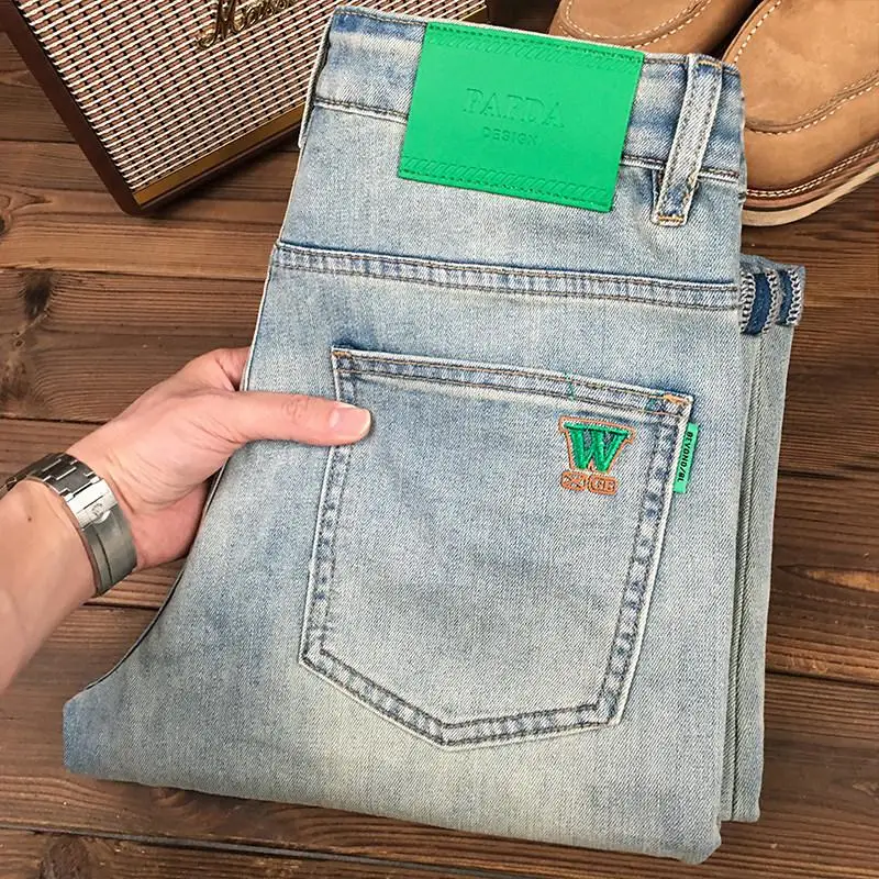 2025 Slim Fit Denim Jeans Short Cut Vintage Style Light Wash For Men Spring Summer Daily Casual Pants