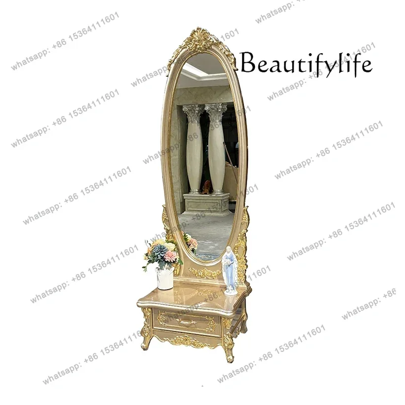 

French solid wood full-length mirror European luxury carved bedroom with drawers fashionable full-body floor makeup mirror