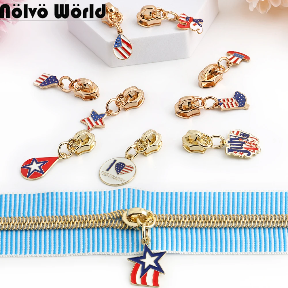 5/30/100PCS Light gold USA Independence Day Flag 5# Zipper Head Puller Slider For Nylon Bags Garment Souvenir Gift Accessories