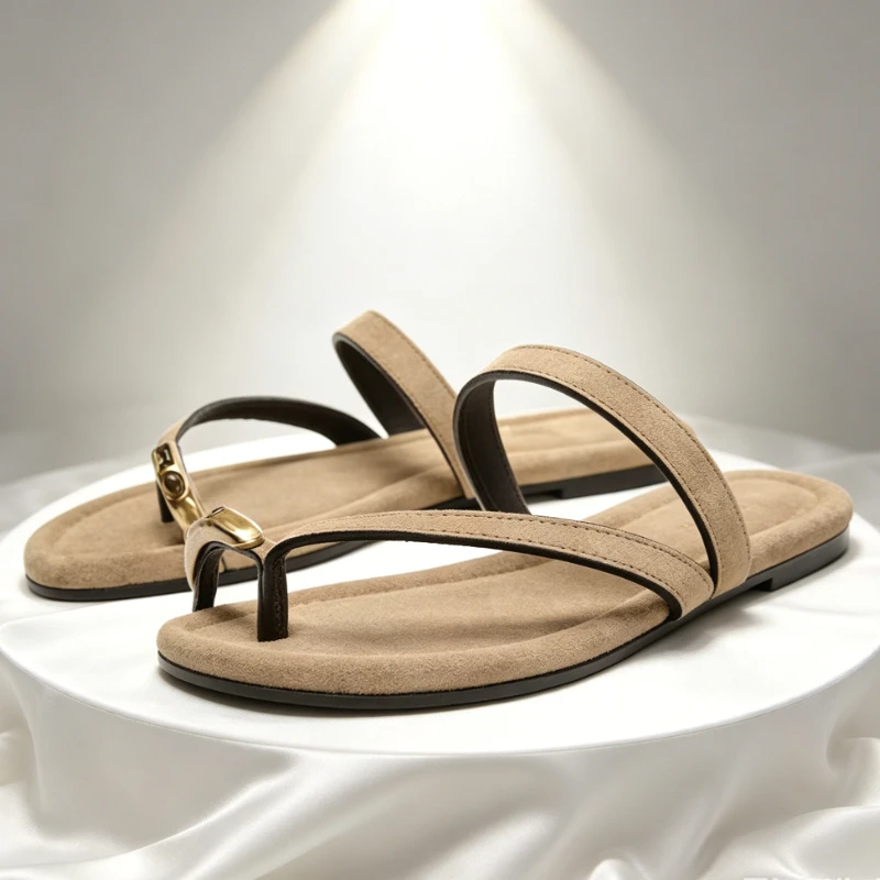 

Fashion Faux Suede Applique Detail Flat Flip Flops Woman Sexy Clip Toe Front Strap Sandals Summer Comfortable Beach Slippers