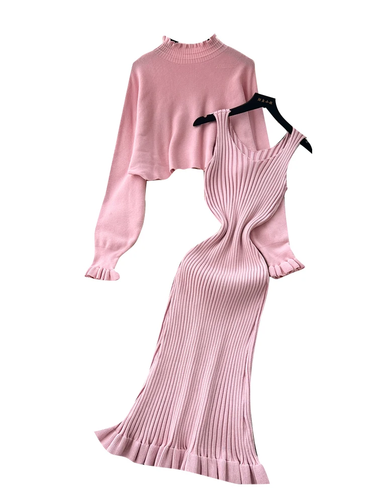 

Ele, двухсекционный вязаный комплект для женщин с поясом, длинный све, накидка, кардиган, с высокой талией, зимняя мода