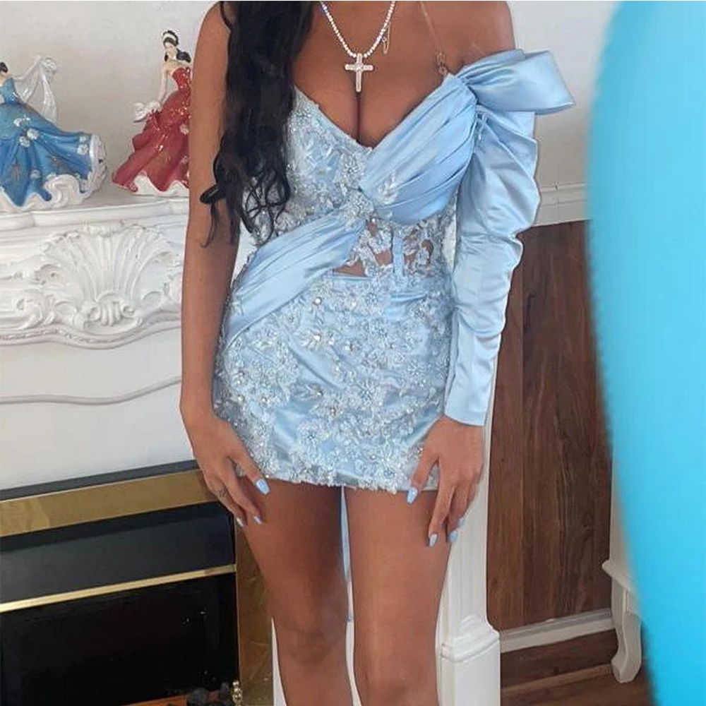 

Sexy Sky Blue Satin Cocktail Dress For Wedding Sheath Long Sleeve Cocktail Gown Appliques Beading Formal Party Gown