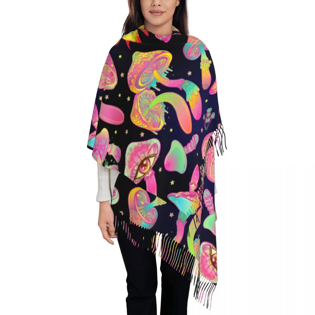 Womens Tassel Scarf Magic Mushrooms Psychedelic Single-sided Pattern Winter Fall Shawl Wrap Hippie Boho Gifts Cashmere Scarf