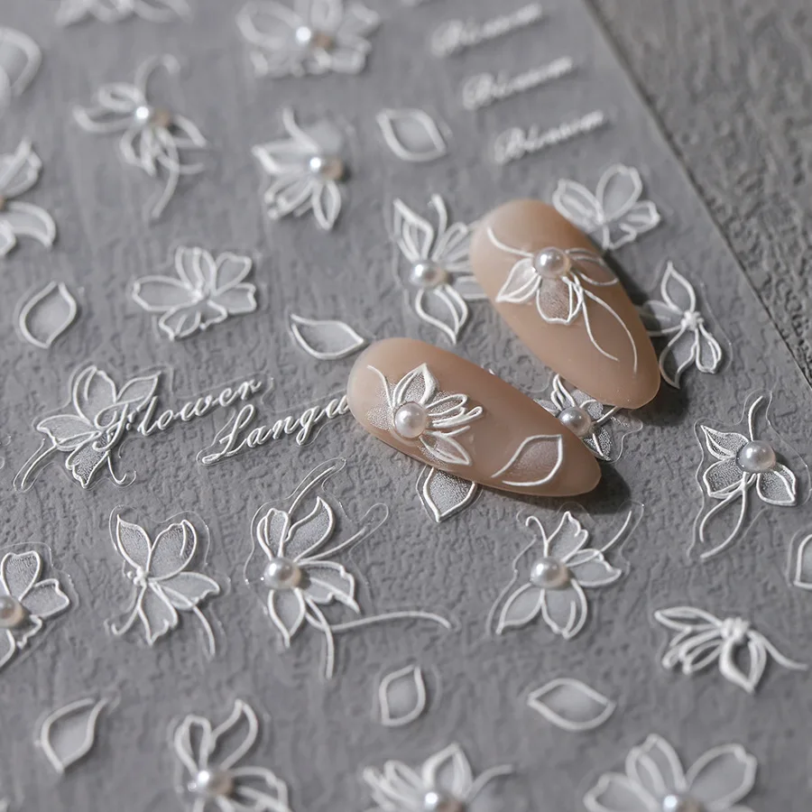 White Lace Flower Nail Stickers French Romantic Pearl Floral Design Self Adhesive Premium Vinyl for Women Party Decor