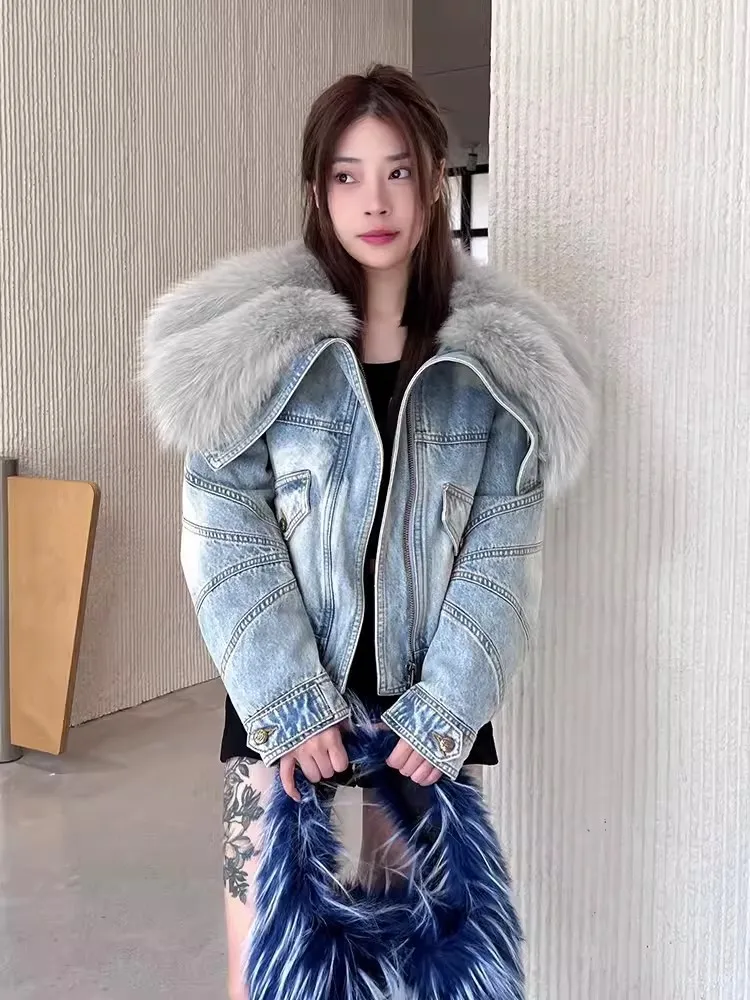 Women Fashion Fox Fur Big Turn-Down Collar Zipper Denim Jacket